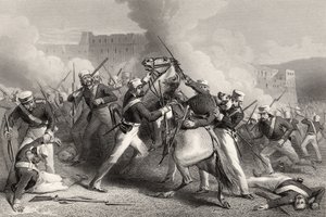 Dood van brigadegeneraal Adrian Hope bij de aanval op het fort van Roodmow, 15 april 1858, uit 
