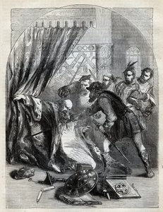 Dood van Kardinaal Beaton, 29 mei 1546 - Kardinaal David Beaton (ca. 1494-1546), Aartsbisschop van St. Andrews, vermoord tijdens de Schotse Reformatie - gravure uit 