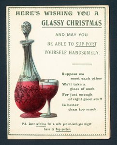 Karaf en glas rode wijn, kerstkaart door English School