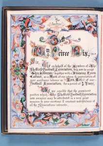 Toewijding van een toespraak gepresenteerd door de Sheffield Voetbalbond aan William Pierce-Dix bij zijn pensionering als Secretaris, 1882 (inkt op papier)