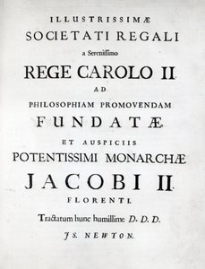 Opdracht aan de Royal Society van de eerste editie van Newtons Philosophiae Naturalis Principia Mathematica, 1687