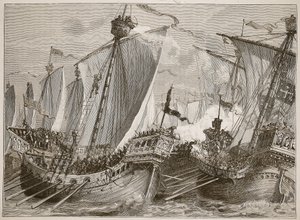 Nederlaag van de Franse vloot in het Engelse Kanaal, illustratie uit Cassells Geïllustreerde Geschiedenis van Engeland door English School