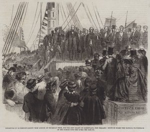 Vertrek van 800 non-conformisten uit Londen, op donderdag, naar de nieuwe kolonie Albertland, Nieuw-Zeeland, scène aan boord van de Matilda Wattenbach tijdens haar reis over de rivier door English School
