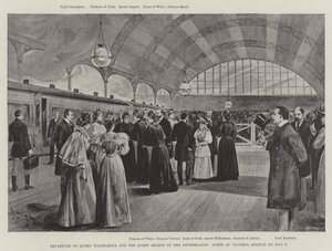 Vertrek van koningin Wilhelmina en de koningin-regentes van Nederland, scène op Victoria Station op 9 mei (litho) door English School
