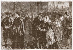 Vertrek van de verbannen predikanten uit Kuttenberg, illustratie uit De Geschiedenis van het Protestantisme door James Aitken Wylie, 1878 door English School