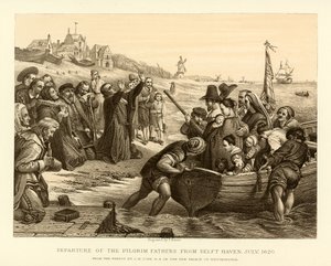 Vertrek van de pelgrimsvaders uit Delft Haven door English School