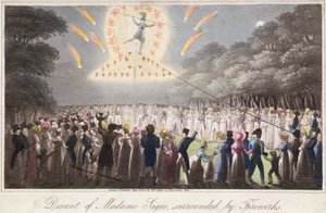 Afdaling van Madame Saqui, omringd door vuurwerk, uitgegeven door Thomas Kelly (fl.1820-55) Londen door English School