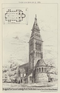 Ontwerp voor een nieuwe kerk, Cambridge Park, Twickenham, schets van toren en koor door English School