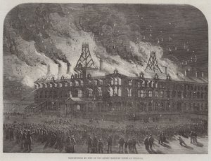 Verwoesting door brand in het Queen Railway Hotel in Chester (gravure) door English School