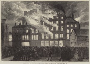 Vernietiging van Compton House, Church-Street, Liverpool, door brand door English School