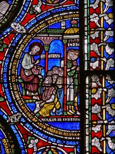 Detail van een van de Bijbelramen met St. Petrus die predikt door English School