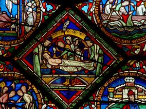 Detail uit het oostelijke raam van de Trinity Chapel met de Graflegging