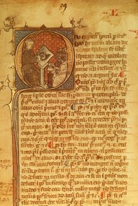 Detail van een sierlijke letter in een 14e-eeuws manuscript. Duns Scotus geeft les aan zijn studenten door English School