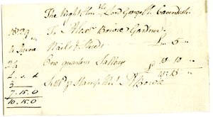 Devonshire MSS AS 3101, folio uit een bundel rekeningen vereffend door Pinder Simpson voor Lord George Cavendish, inclusief de rekening van Alexander Bowie door English School