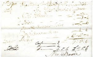 Devonshire MSS AS 3101, folio uit een bundel rekeningen vereffend door Pinder Simpson voor Lord George Cavendish, inclusief de rekening van Alexander Bowie