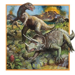 Dinosaurussen met vulkaan (gouache op papier)