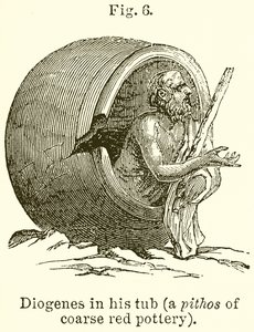 Diogenes in zijn ton (een pithos van grof rood aardewerk)