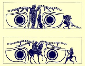 Dionysos, Hephaistos en satyrs, illustratie uit Griekse Vaas Schilderijen door J. E. Harrison en D. S. MacColl, gepubliceerd 1894 door English School