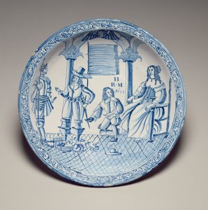 Schaal met koningin Catherine zittend terwijl een knielende ridder een schoen past, 1677 door English School