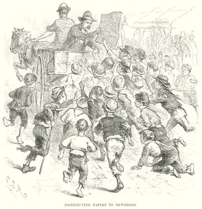 Papieren uitdelen aan krantenjongens (gravure) door English School