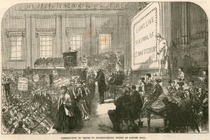 Uitdeling van prijzen aan leerlingen van de ragged-school in Exeter Hall, Strand, Londen door English School