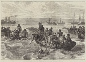 Duikoperaties bij het wrak van de Vanguard, geschetst vanaf HMS Amelia Despatch-Boat