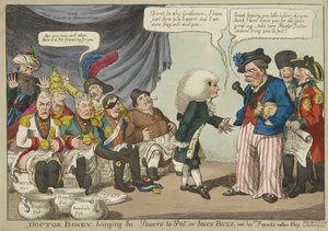 Doctor Boney brengt de machten tot pot, of John Bull en zijn vrienden nogal verlegen, pub. 1808 (handgekleurde gravure) door English School