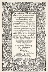 Dubbele Almanak (gewoon en nieuw) en voorspelling voor Dublin voor 1587, door W. Farmer, gedrukt door Watkins en Roberts, 1587