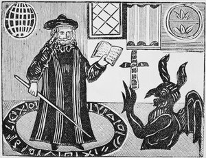 Dr. Faustus in een Magische Cirkel, frontispice van Gents vertaling van Dr. Faustus, gepubliceerd 1648 door English School