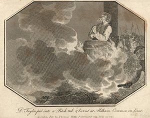 Dr Taylor in een pekkuip gestopt en verbrand bij Aldham Common in Essex (gravure)