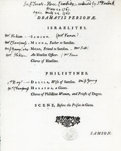 Dramatis Personae voor Samson, een Oratorium van Handel, gepubliceerd in 1759 door English School