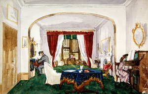 Saloninterieur, vrouw aan de piano, man met bolhoed schrijft, ca. 1850 door English School