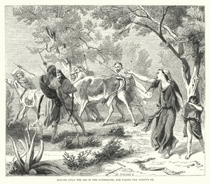 Het wegjagen van de ezel van de vaderloze en het nemen van de os van de weduwe (gravure) door English School