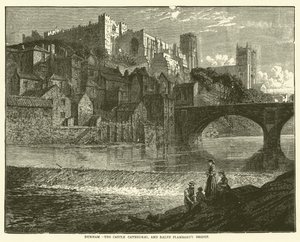 Durham, de kathedraal van het kasteel en de brug van Ralph Flambard (gravure) door English School