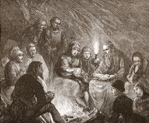 Nederlandse protestanten in schuilplaatsen, illustratie uit De Geschiedenis van het Protestantisme door James Aitken Wylie, 1878 door English School