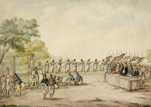 Nederlandse rechter en Javaanse heersers getuigen van de executie en verminking van criminelen, Java