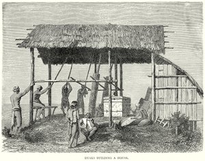 Dyaks bouwen een huis (gravure) door English School