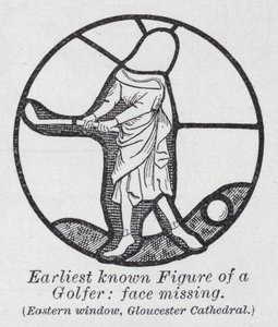 Oudste bekende figuur van een golfer, gezicht ontbreekt, oostelijk raam, Gloucester Cathedral