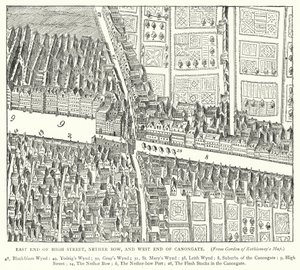 Oostkant van Hoofdstraat, Nether Bow, en Westkant van Canongate (gravure)