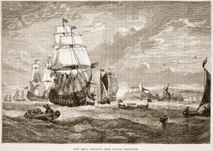Schepen van de Oost-Indische Compagnie verlaten Woolwich, illustratie uit Cassells Geïllustreerde Geschiedenis van India door James Grant, uitgegeven 1879 door English School