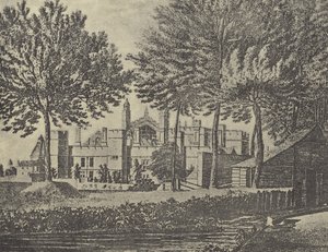 Oostelijk uitzicht op het college, 1746 (gravure) door English School