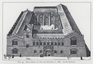 Oostgevel van de oude scholen, ca. 1688, naar Loggan door English School