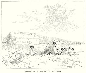 Huis en kinderen op Paaseiland (gravure)