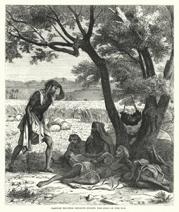 Oosterse maaiers rusten tijdens de hitte van de dag (gravure) door English School
