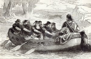 Edgar de Vredelievende wordt geroeid over de rivier Dee door Acht Tributaire Prinsen, illustratie uit 