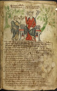 Edward II zittend op een troon, met scepter in de linkerhand, en zijn kroon aanrakend met zijn rechterhand door English School