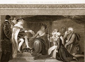 Edward VI verleent het handvest voor ziekenhuizen, illustratie uit David Humes The History of England, uitgegeven door R. Bowyer, Londen, 1812