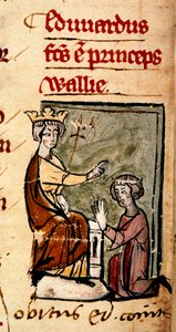 Edward van Caernarvon [Edward II] benoemd tot Prins van Wales en Graaf van Chester door zijn vader, koning Edward I, op het parlement van Lincoln, illustratie uit 