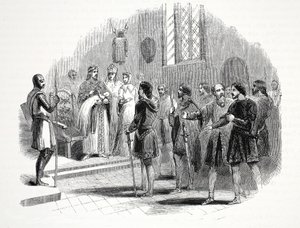 Edward de Eerste presenteert de Welshe stamhoofden een prins geboren onder hen, in Rhuddlan Castle