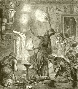 Egyptische koning aanbiddend in een tempel door English School